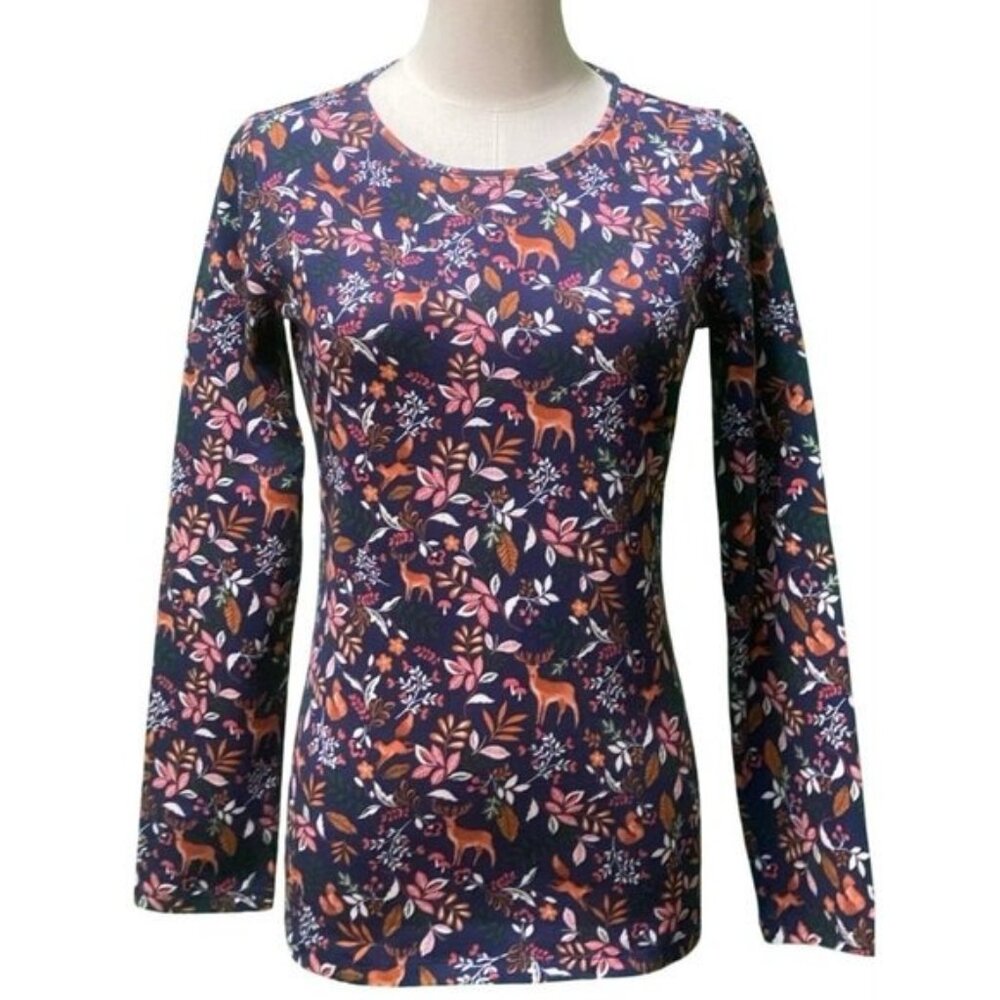 The Talbots Tee - Long Sleeve Crew Neck Woodland Print Cotton Blend Tee Size PS - Picture 1 of 4